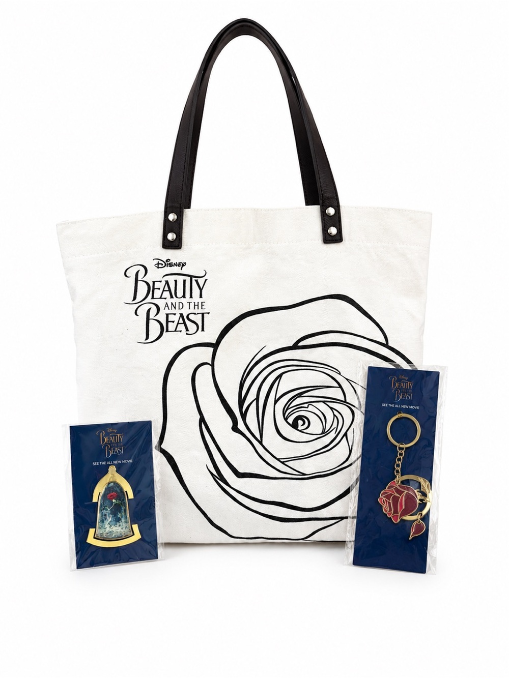DISNEY Beauty & the Beast 2017 Premiere Tote Bag + Rose Keychain & Bookmark